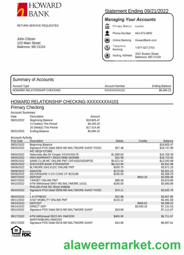 USA Howard bank statement Word and PDF template